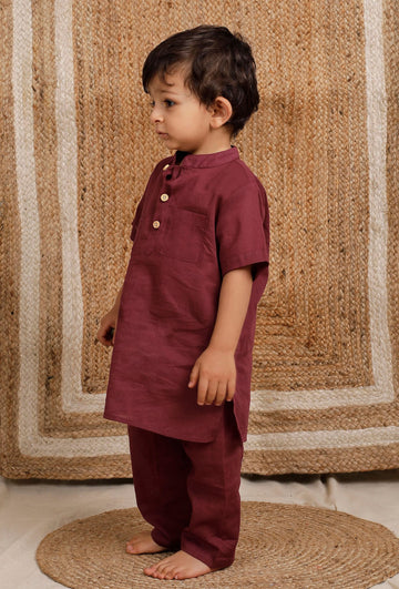 Set Of 2: Maroon Mul Mul Kurta With Maroon Pant